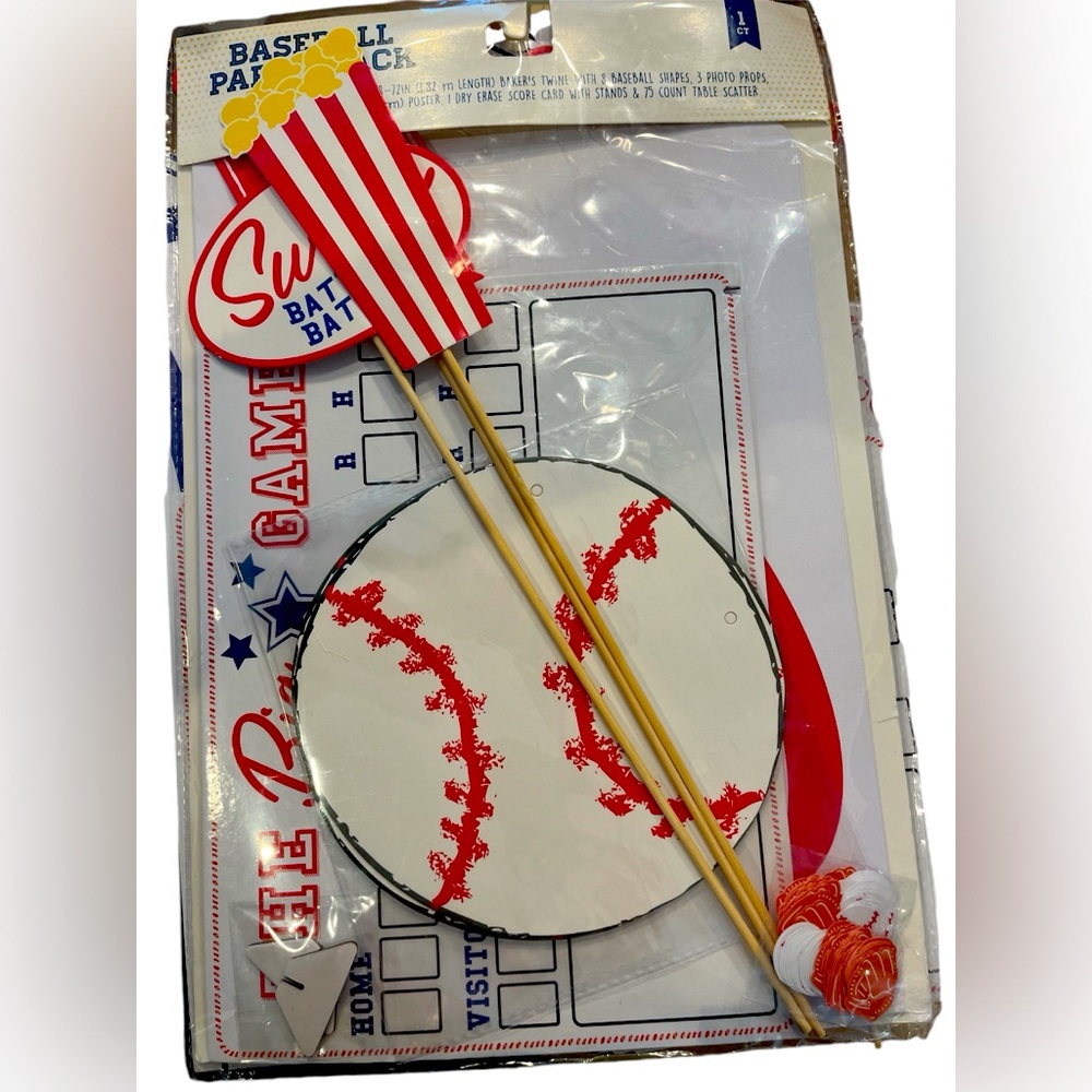 Baseball party decorations in a bag plus some extra pieces.